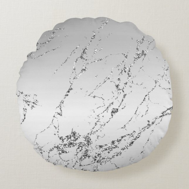 Grey Silver Glitzy Faux Glitter Round Pillow (Front)