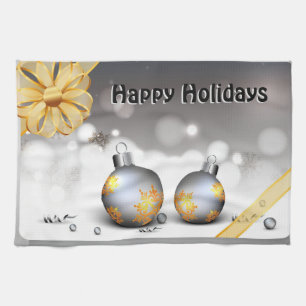 Grey Silver Gold Holiday Baubles Kitchen Towel