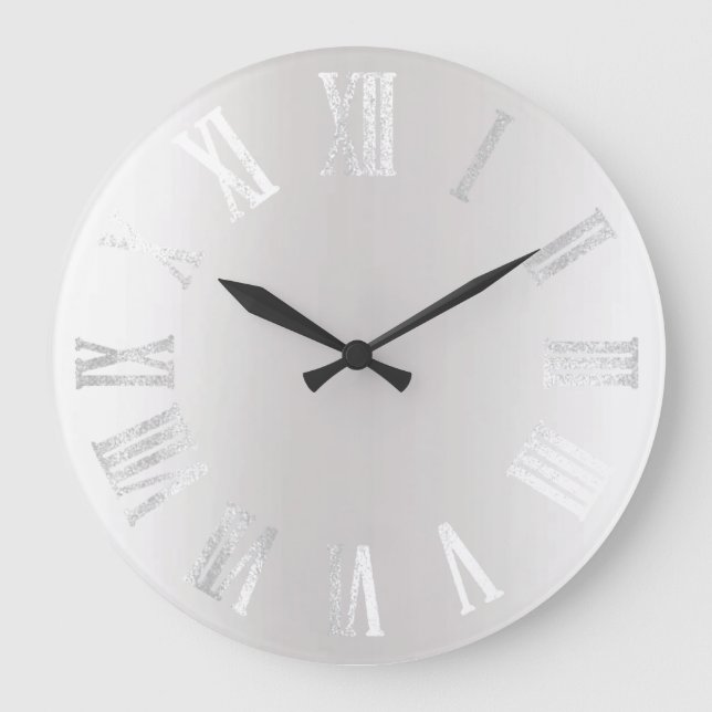 Grey Silver Grey Black Metal Minimal Roman Numbers Large Clock (Front)