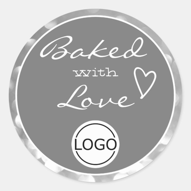 Grey Silver Grey Orbs Frame Baked with Love Logo Classic Round Sticker (Front)