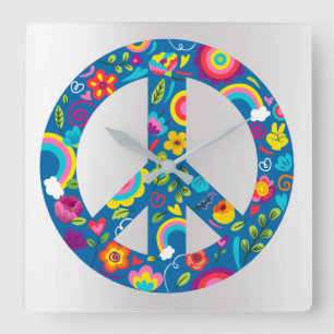 Grey Silver Holographic Peace Love Square Wall Clock