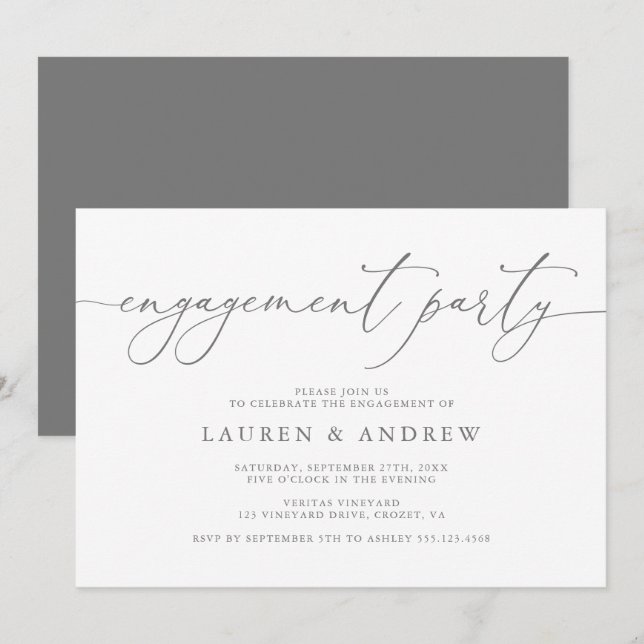 Grey Silver Minimalist Engagement Party Invitation (Front/Back)