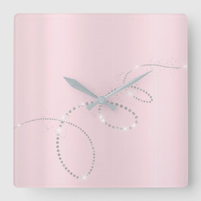 Grey Silver Pink Pastel Crystals Infinity Diamonds Square Wall Clock (Front)