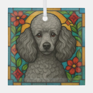 Grey/Silver Poodle Dog "Stained Glass"  Glass Ornament