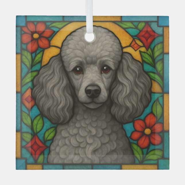 Grey/Silver Poodle Dog "Stained Glass"  Glass Ornament (Front)
