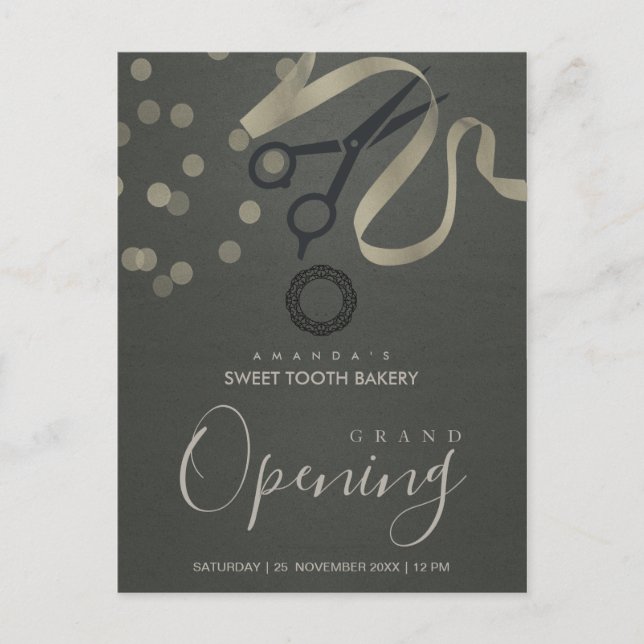 GREY SILVER RIBBON CUTTING GRAND OPENING INVITE POSTCARD (Front)