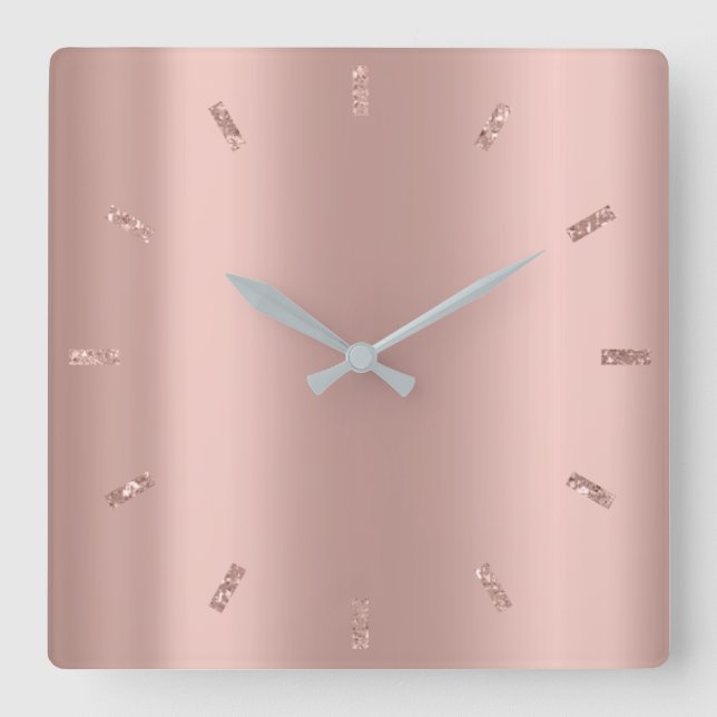 Grey Silver Rose Blush Pink Peach Minimal Glitter Square Wall Clock (Front)