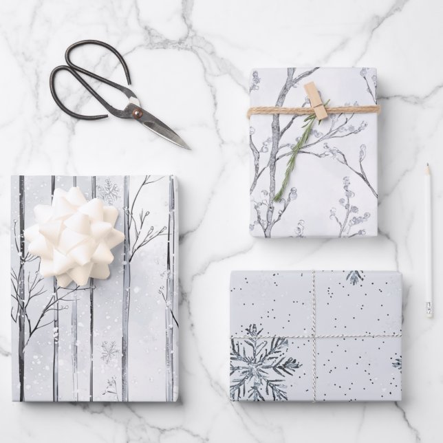 Grey Silver Snowflake Trees Christmas Wrapping Paper Sheet (Front)