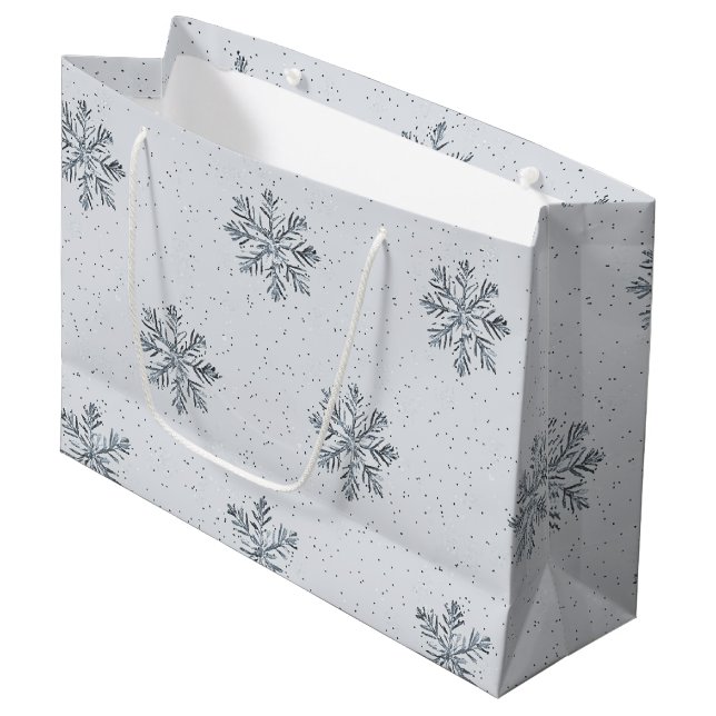 Grey Silver Snowflakes Christmas Large Gift Bag (Front Angled)
