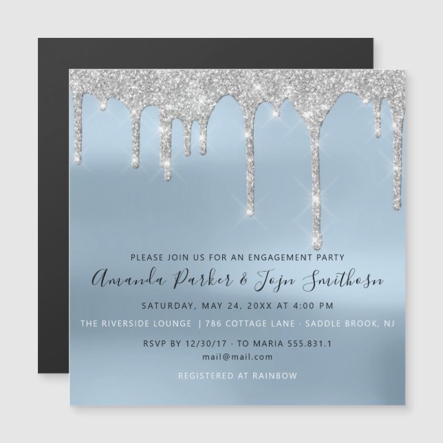 Grey Silver Spark Drips Bridal Wedding Blue Magnetic Invitation (Front/Back)