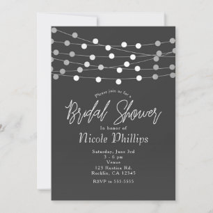 Grey Silver String Lights Modern Bridal Shower Invitation