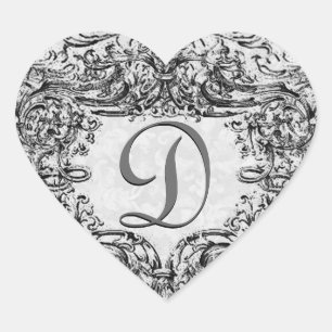 Grey Silver Vintage Ornate Monogram Any Letter V4 Heart Sticker