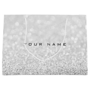 Grey Silver White Glitter Favour Gift Name Large Gift Bag