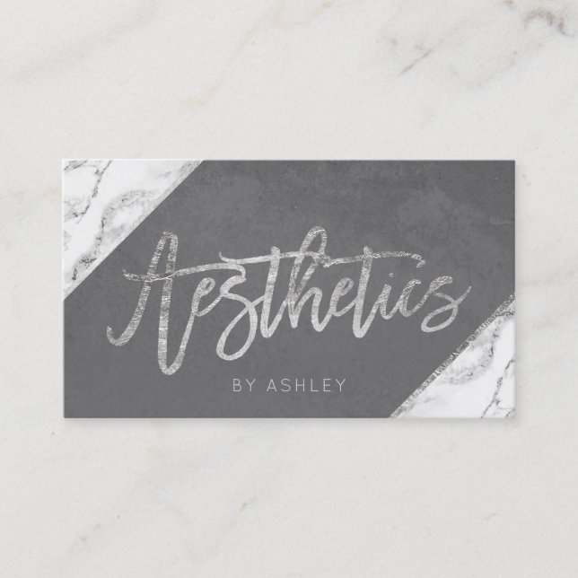 Grey silver white marble aesthetics typography business card (Front)