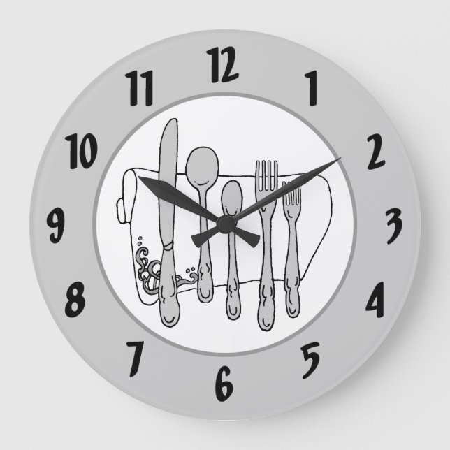 Grey Silverware White Napkin Black Numbers Clock (Front)