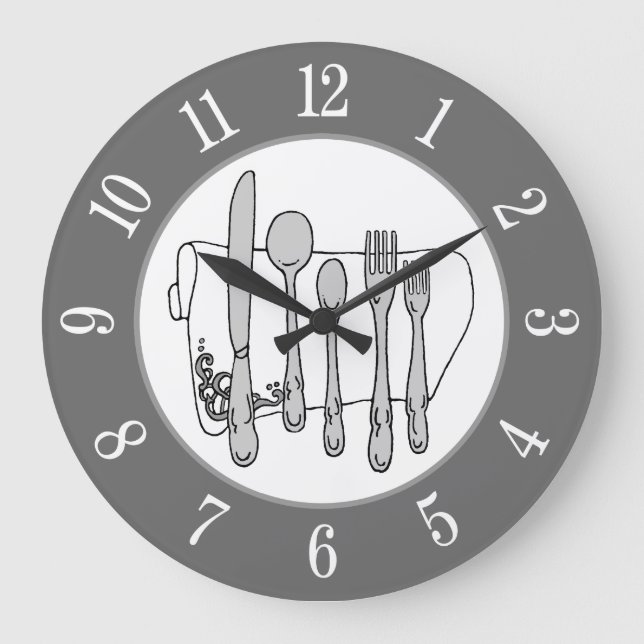 Grey Silverware White Napkin White Number on Grey Large Clock (Front)