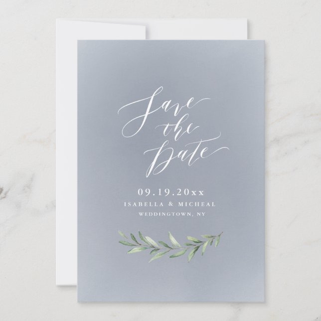 Grey simple calligraphy rustic greenery wedding save the date (Front)