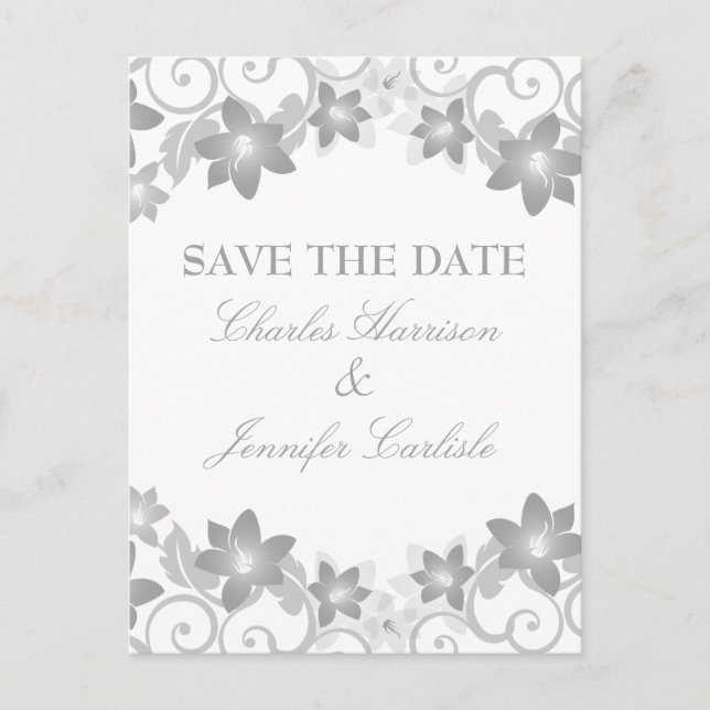 Grey Simple Floral Save the Date Postcard (Front)