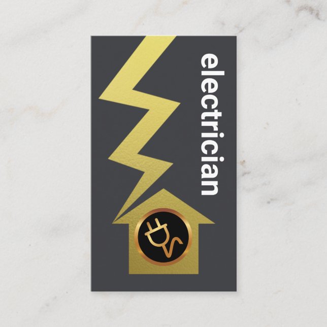 Grey Simple Gold Lightning Home Electrician Business Card (Front)
