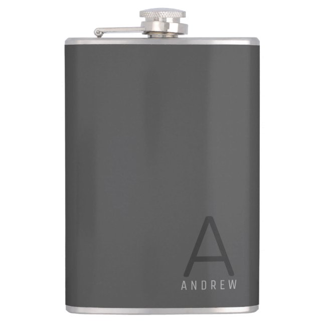 Grey Simple Modern Monogram Personalized Flask (Front)