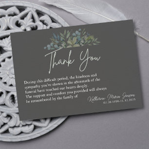 Grey Simple Script Greenery Sympathy Funeral Thank You Card