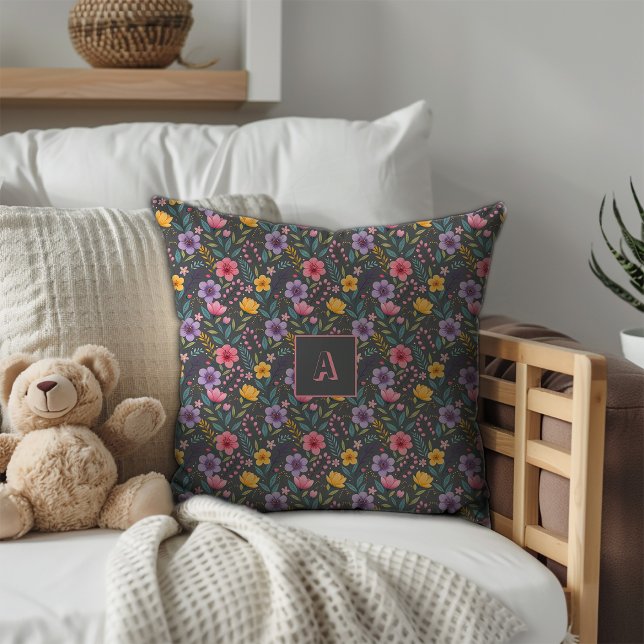 Grey  simple wildflower pattern monogram throw pillow (Creator Uploaded)