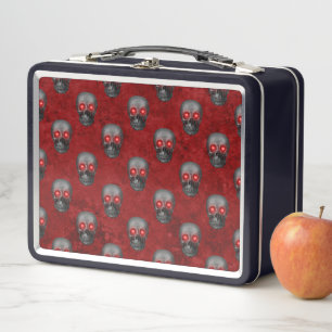 Grey Skull Heart Eyes Red Watercolor Goth Romantic Metal Lunch Box
