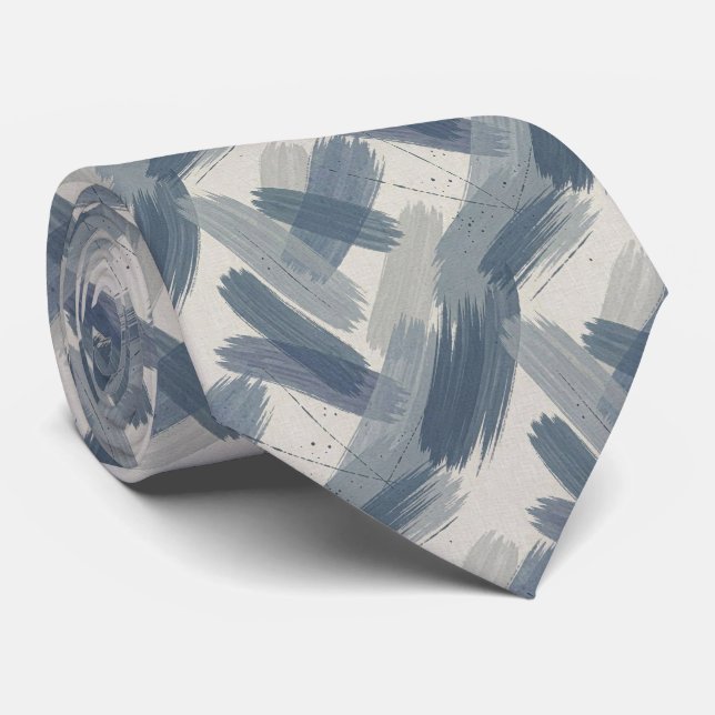 Grey Slate Blue Abstract Brush Strokes Ocean Colou Tie (Rolled)