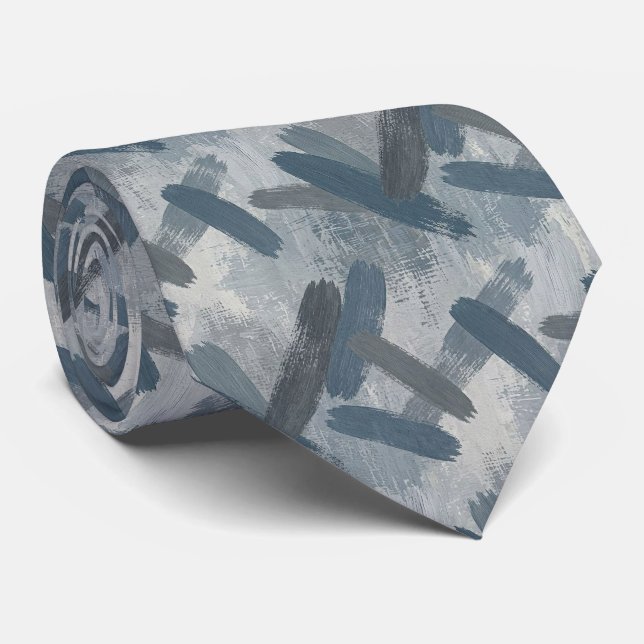 Grey Slate Blue Abstract Brush Strokes Ocean Colou Tie (Rolled)