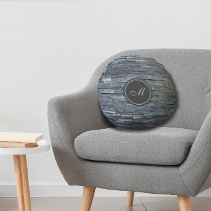 Grey Slate Monogram Round Pillow