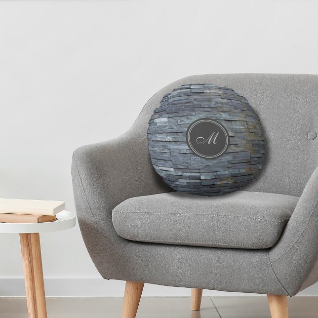 Grey Slate Monogram Round Pillow (Creator Uploaded)