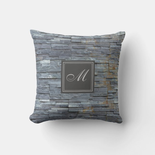 Grey Slate Monogram Throw Pillow (Front)