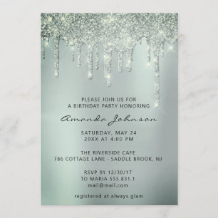 Grey Smoky Mint Glitter Effect Drip Birthday Invitation