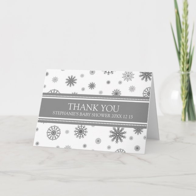 Grey Snow Winter Baby Shower Thank You Card (Front)