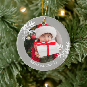 Grey Snowflake Family Photo Ceramic Ornament