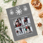 Grey Snowflake Ornaments Photo Collage Holiday Card<br><div class="desc">This Grey Snowflake Ornaments Photo Collage Holiday Card is a modern and simple design featuring a trio of hanging snowflake ornaments and placement for four family photos.  Add your photos and personalized greeting to customize. Additional colours available with this design.</div>