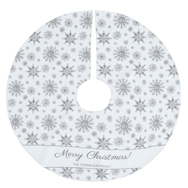 Grey Snowflakes And Custom Family Name Christmas Brushed Polyester Tree Skirt (Front)