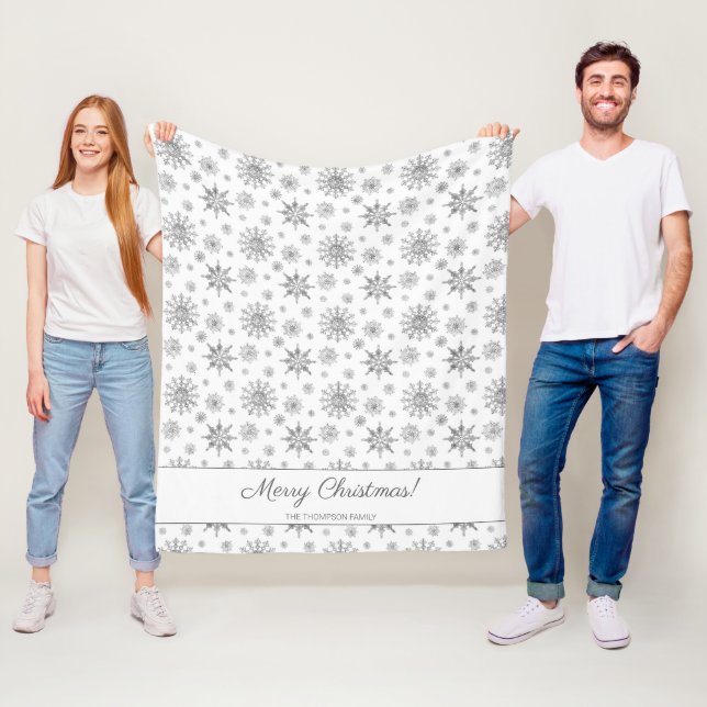 Grey Snowflakes And Custom Family Name Christmas Fleece Blanket (In Situ)