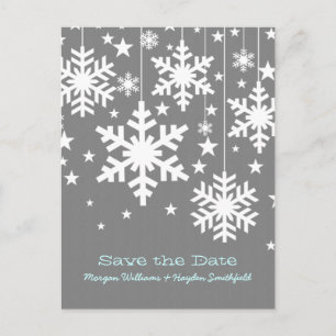Grey Snowflakes and Stars Save the Date Postcard