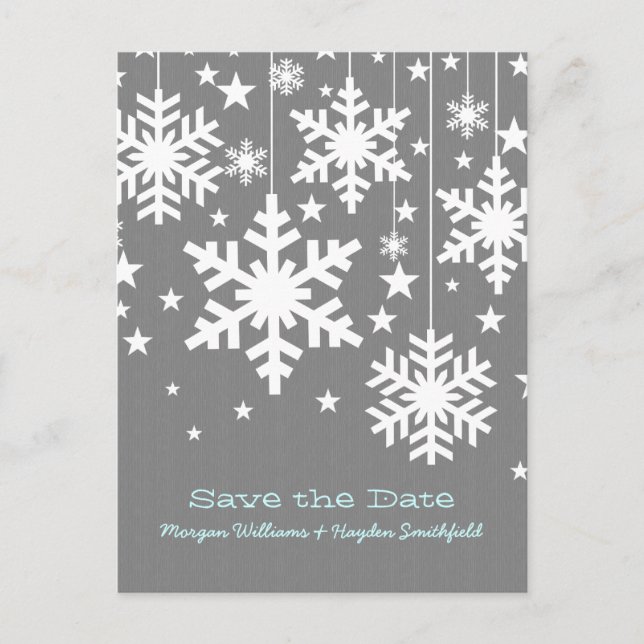 Grey Snowflakes and Stars Save the Date Postcard (Front)