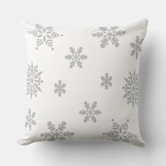 Grey Snowflakes Falling Throw Pillow (Front)