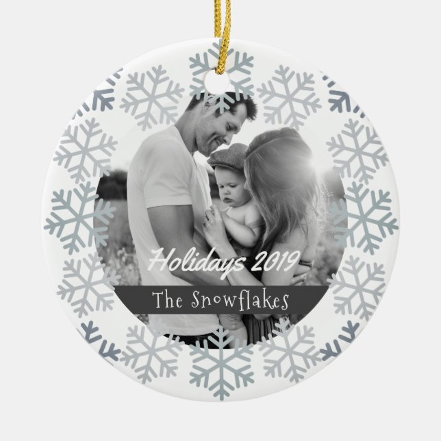 Grey Snowflakes Holidays White Ceramic Ornament (Front)