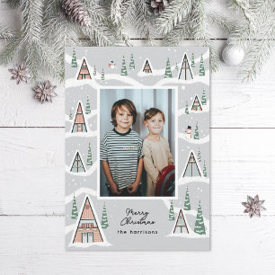 Grey Snowy A-Frames Winter Cabin Photo Holiday Card