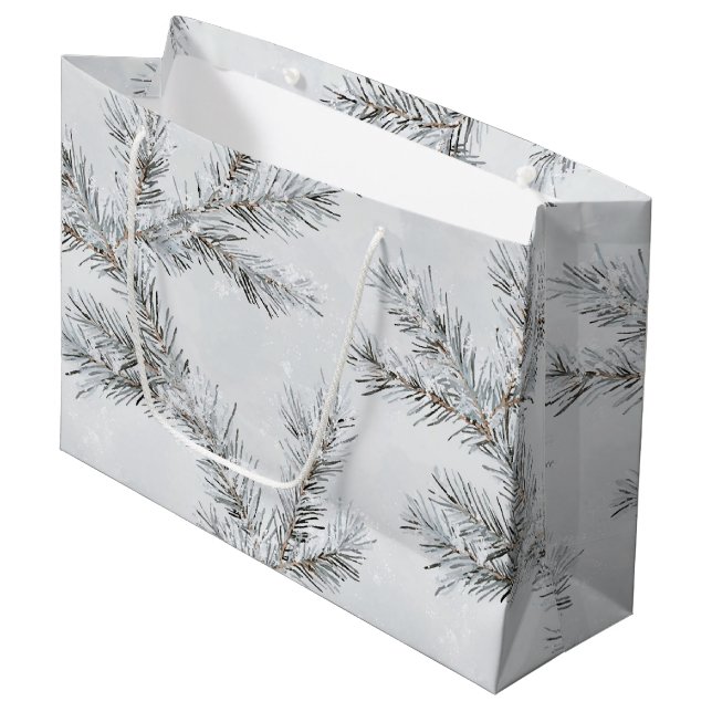 Grey Snowy Christmas Tree Branches Large Gift Bag (Front Angled)