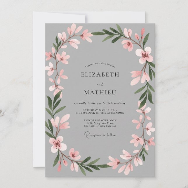 Grey Soft Pink Botanical Wedding Invitation (Front)