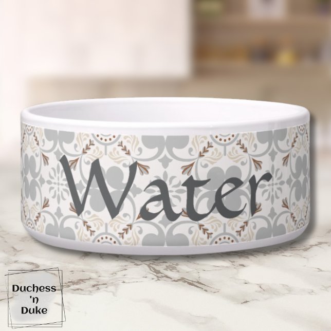 Grey Spanish Tile Personalized Dog Water Bowl  (Dog Water Bowl - Gray Spanish Tile Personalized)