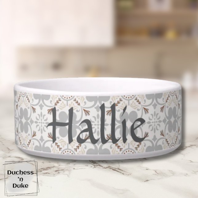 Grey Spanish Tile Personalized Pet Bowl  (Pet Bowl - Gray Spanish Tile Personalized)