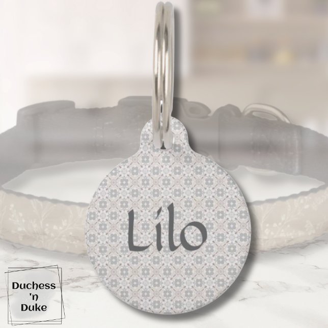 Grey Spanish Tile Personalized  Pet Tag (Dog Name Tag - Gray Spanish Tile Personalized)