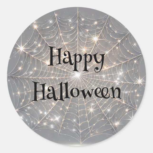 Grey Sparkle Spiderweb Halloween Party Classic Round Sticker (Front)