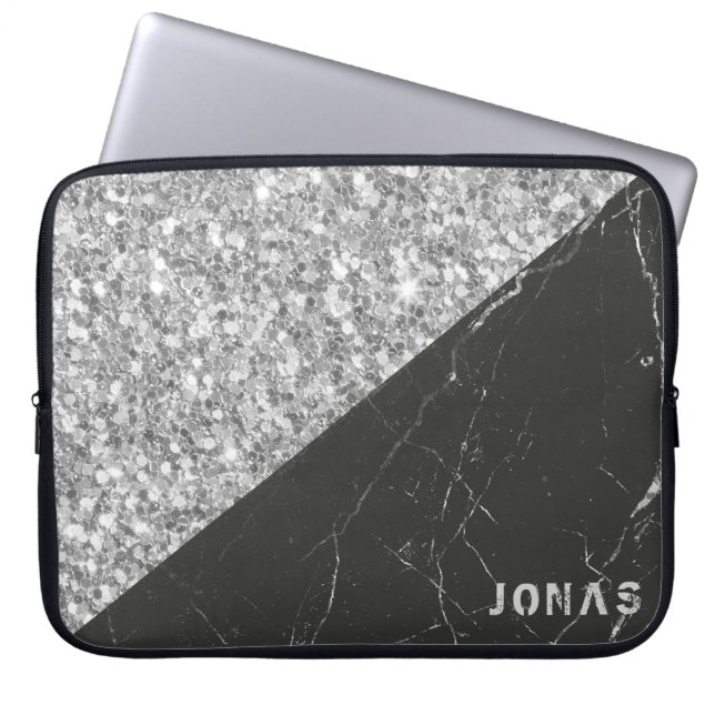 Grey Sparkling Glitter Black Marble Laptop Sleeve (Front)